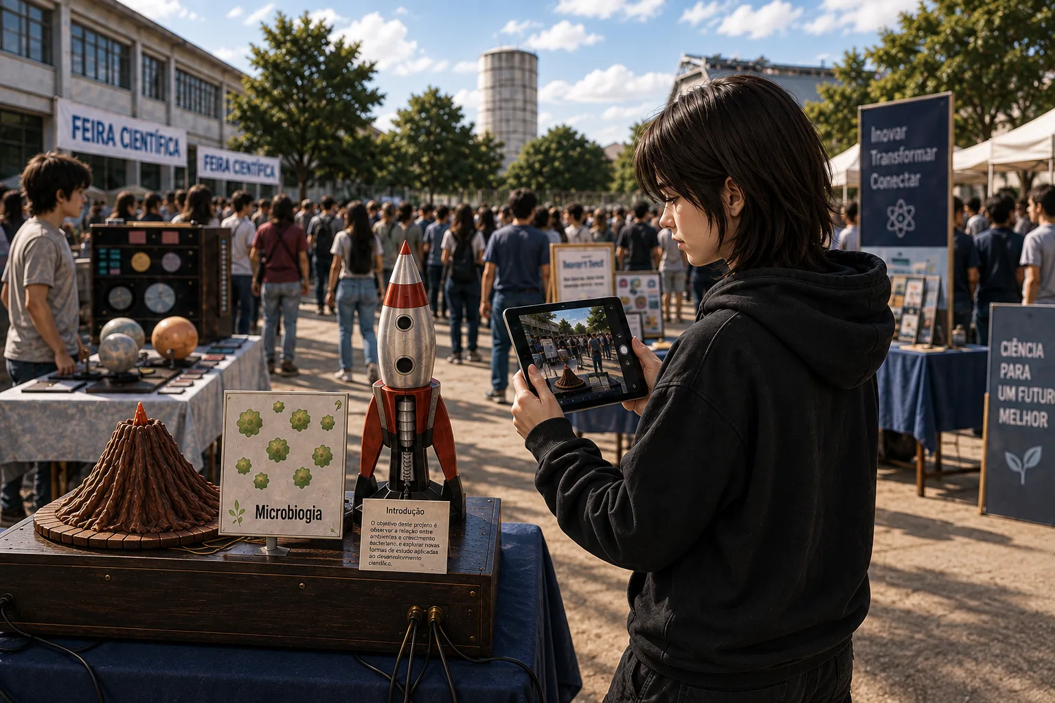Carol tirando fotos e visitantes chegando ao ginásio da feira