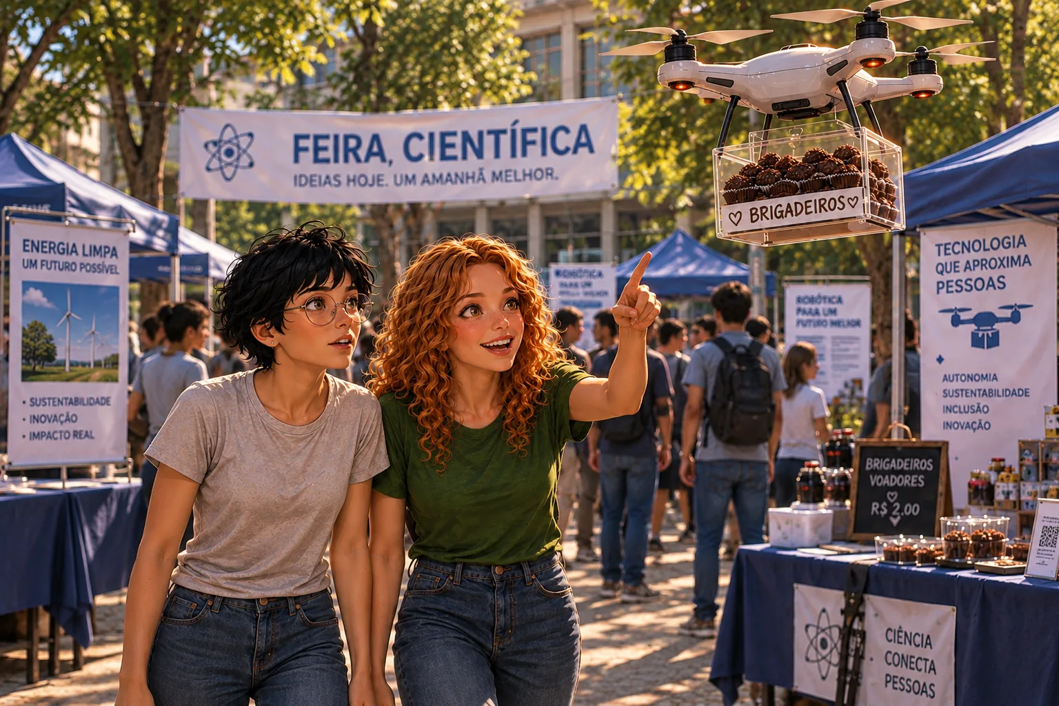 As meninas caminhando pelos corredores alegres da feira