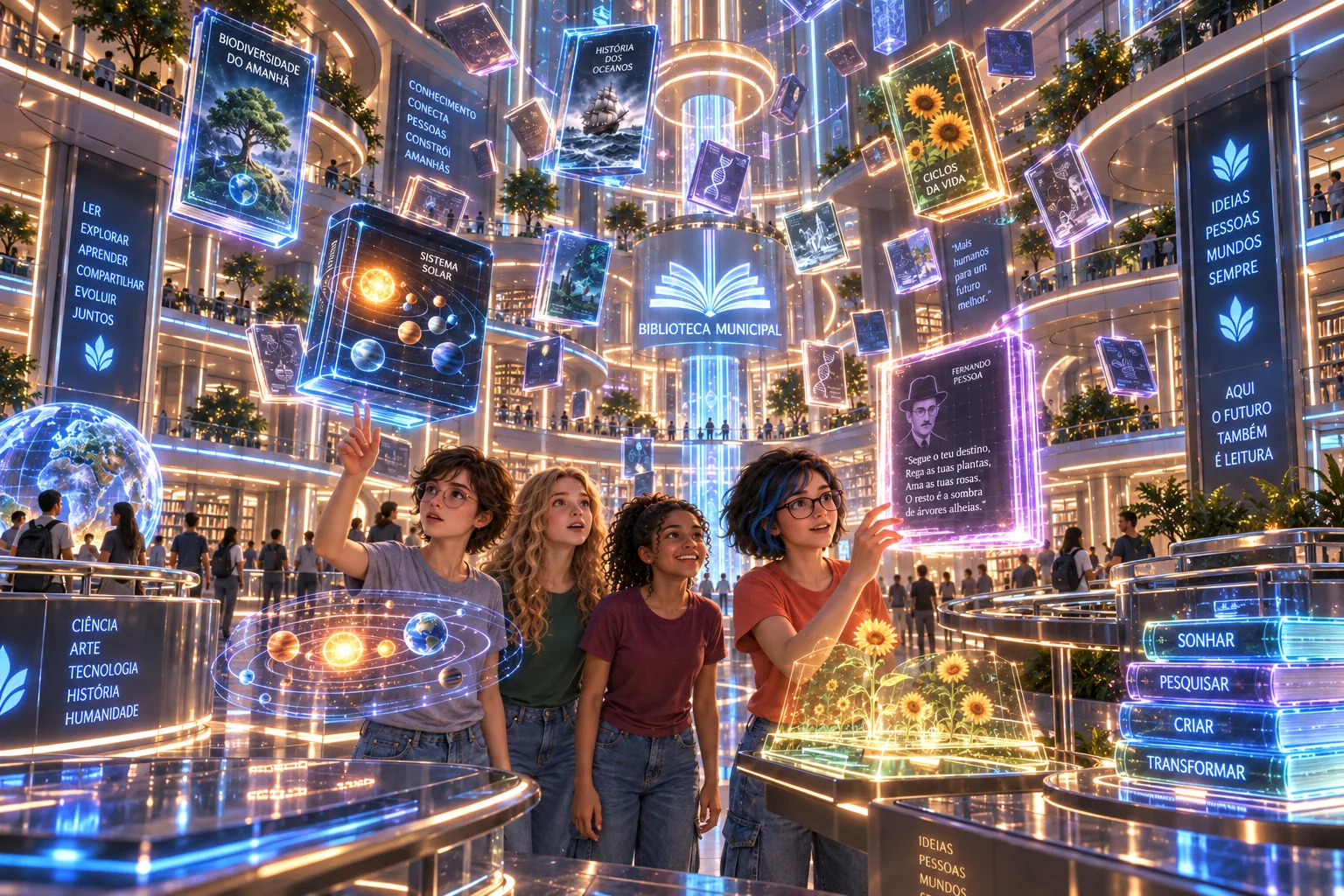 O interior da biblioteca com projeções holográficas e volumes flutuantes