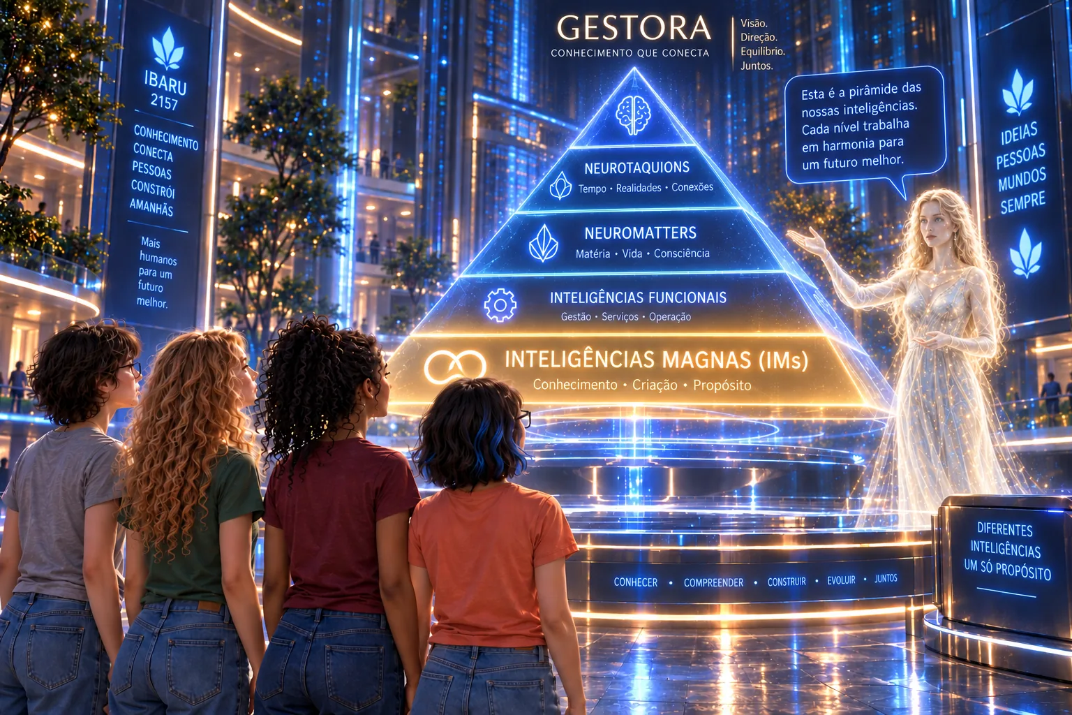 O holograma em pirâmide com as Inteligências Magnas na base