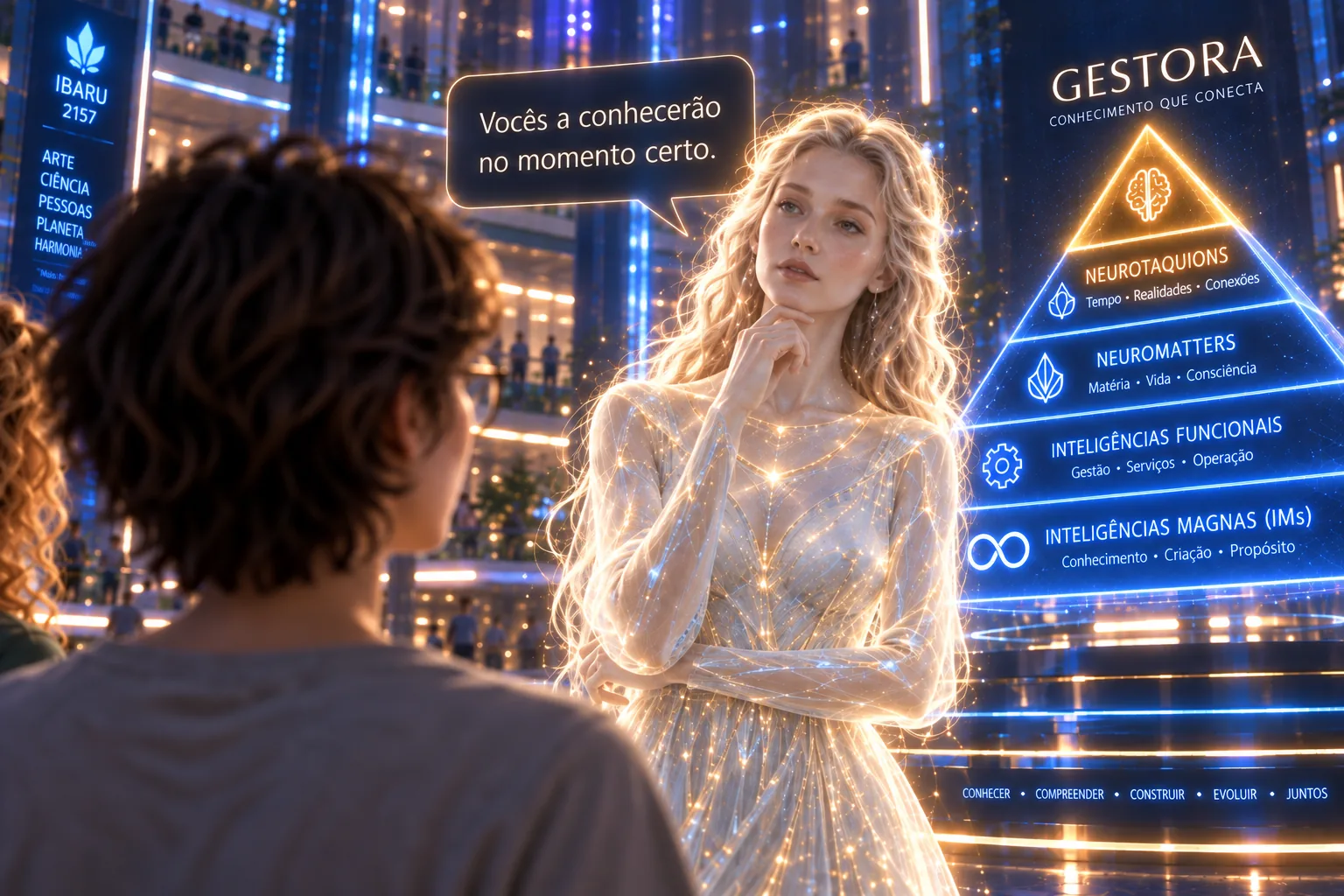 Bia tocando o topo da pirâmide holográfica e a revelação da Gestora