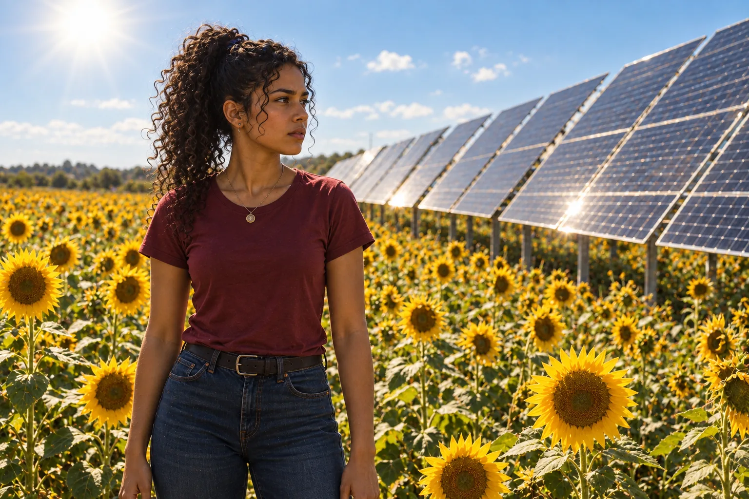 Isa num campo com painéis solares