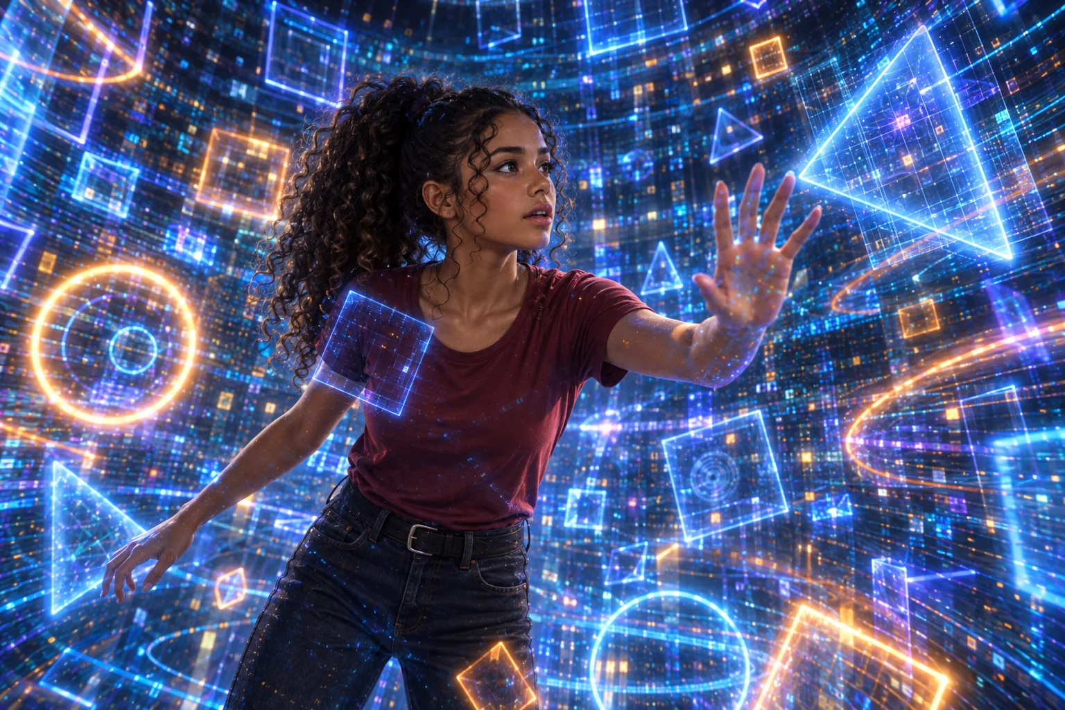 Isa diante das formas geométricas flutuantes do Mosaico Mnemônico