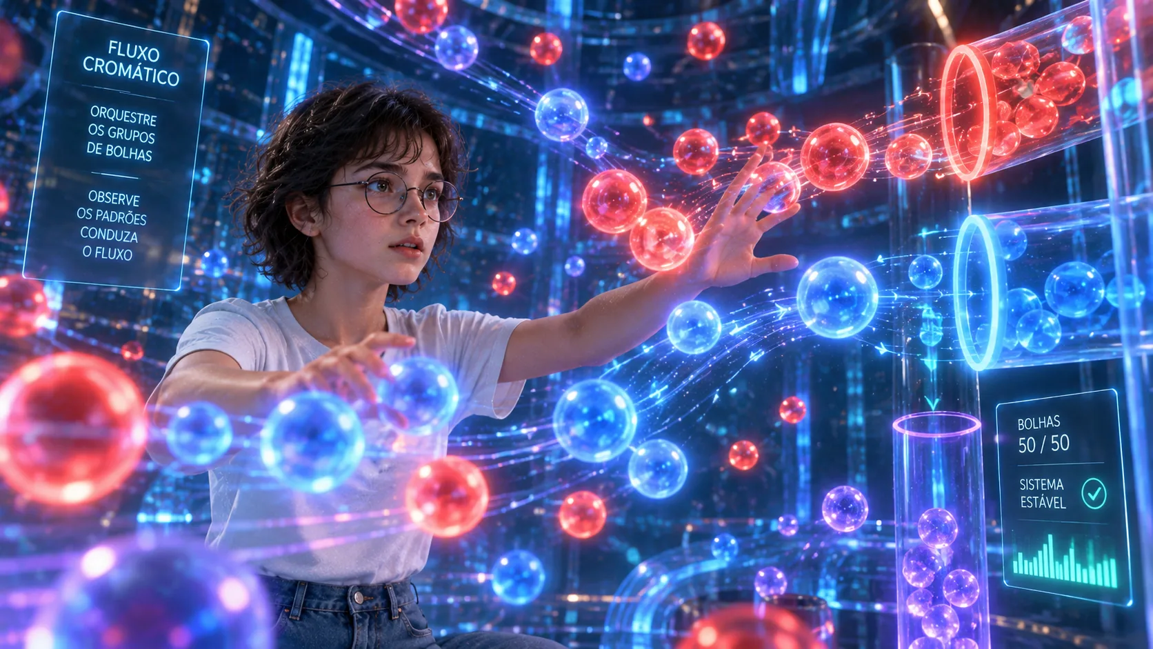 Bia orquestrando as bolhas de luz no Fluxo Cromático tridimensional