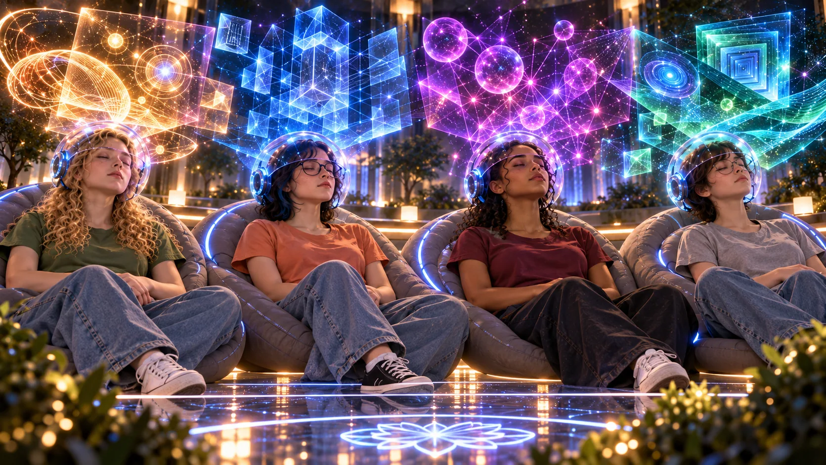 As quatro meninas em silêncio, ainda carregando dentro de si o que sentiram nas simulações